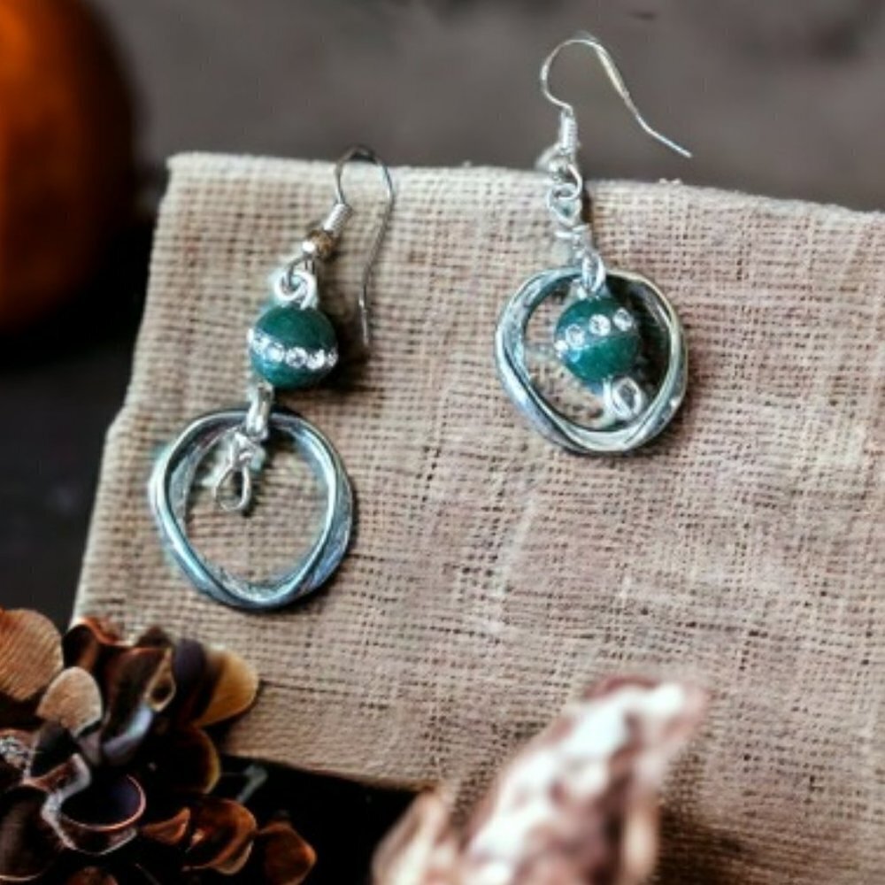 Boho‎ Jade Crystals with Silver Plated Hoops Earrings Hyper Allergenic